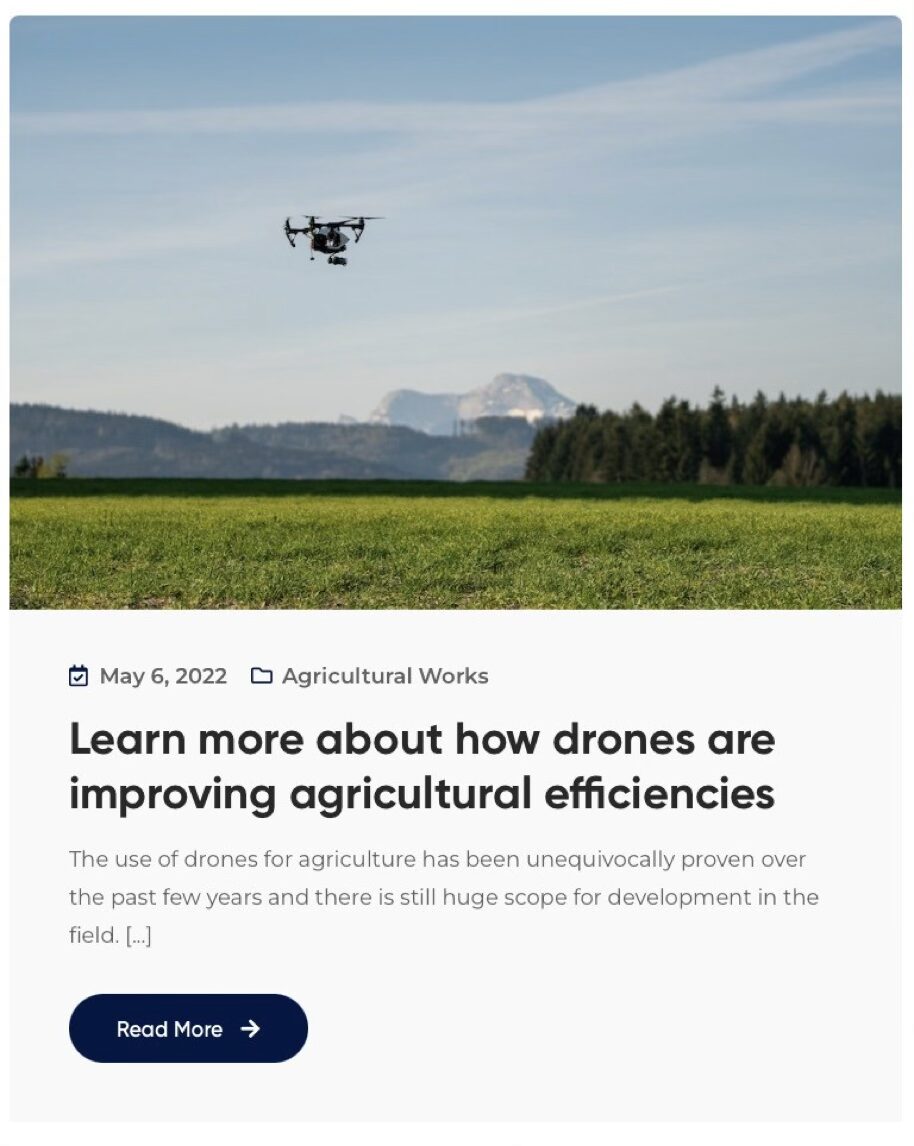 A drone hovering above a green pasture — editorial content extending the Unitrans brand across verticals